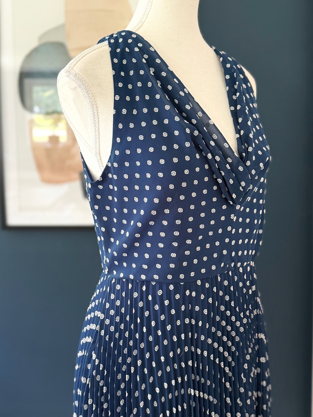 Anthropologie x Eva Franco Pleated Chiffon Fit & Flare Midi Dress, Navy | Size 4 - Picture 8 of 13